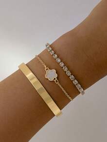 3件套时尚合金水钻四叶草手链，简约几何光滑手镯套装，适合日常佩戴 - 彩色 - 查看 1