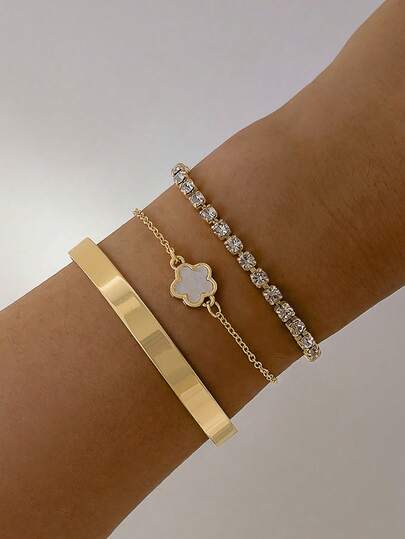 3件套时尚合金水钻四叶草手链，简约几何光滑手镯套装，适合日常佩戴