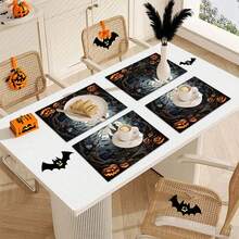 4 Stücke Halloween Horror Schloss & Kürbis Muster Leinen Tischsets - Gewebte Leinen rechteckige Tischsets für Speisezimmer, Küche, Kaffeetisch, Esszimmerdekoration - Verschiedenfarbig - Übersicht 15