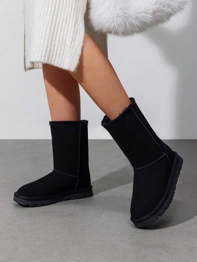 Women's Furry Snow Boots Mid-Calf Boots,Black Boots, PU Leather Slip-On Windproof Warm Winter Christmas Holiday Black Boots