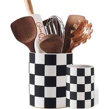 Checkered Utensil Holder, 15.8 Inch Ceramic Spatula Holder, Black Cooking Kitchen Utensil Holder Countertop, Kitchen Decor And Accessories Counte