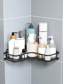 1/2pcs Wall-Mounted Bathroom Storage Rack, No-Hole Bathroom Shelf, Shower Caddy Organizer With Hooks, For Vanity Wall Mount Storage, Bathroom Decor & Accessories, Practical Shelf