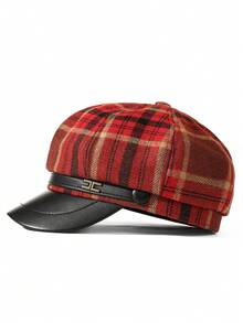 1 pieza Boina retro elegante, con estampado de cuadros y decoración de letra metálica, estilo gorra de periódico, adecuada para uso diario de mujeres