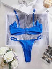 2 件性感女士内衣套装，配有可调节肩带和金属项链 - 藍色 - 查看 3