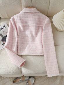 女士优雅通勤粗花呢夹克，带花卉图案和前扣，秋冬 - 粉色 - 查看 2