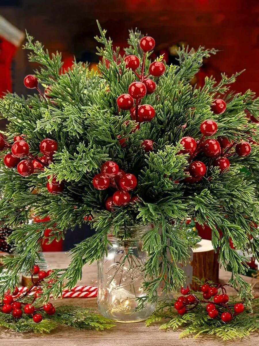 20Pcs Christmas Artificial Pine Branches With Red Berry Stems Faux Evergreen Norfolk Pine Cypress Leaves Stems- Fake Foliage Pine Needles Picks For DIY Craft Garland Home Decor.Artificial Holly Berries, Mini Fake Berries Decor Garlands, Home Vase Dining Table Holiday Patio Fireplace Decor Wedding Garden Farmhouse Table Mantel Decor, Artificial Flowers For Outdoors Christmas Decorations Room Decor