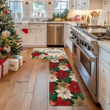 1/2pcs Christmas Floor Mat, Classic White Red Floral And Green Foliage Pattern Kitchen Floor Mat, Christmas Atmosphere Decoration, Kitchen Floor Mat, Room Decoration, Perfect For Dining Room, Hallway, Bathroom, Bedroom And Doorway - Multicolor - View 8