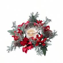 1 pièce Bougeoir de couronne de Noël en pomme de pin, décoration de baies rouges, ornement de bureau, arrangement de sapin enneigé de table, couronne de bougie (bougies non incluses) Décoration de maison Décorations de Noël Décoration de pièce Hiver