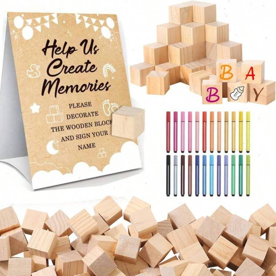 Baby Shower Decorate A Block Game Set Includes Help Us Build Memories Sign 20/30/50Pcs DIY Blank Wooden Block 24 Paint Marker Prize For Wedding Baby Shower Game - 多色-Help Us Create Memories立卡木塊馬克筆遊戲套裝 - 查看 1