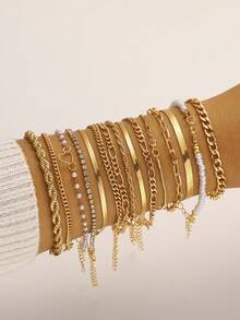 17/15/11 件时尚简约经典编织蛇链心形多层手链套装，女士生日节日派对婚礼周年圣诞礼物，百搭日常佩戴 - 金黃色 - 查看 12