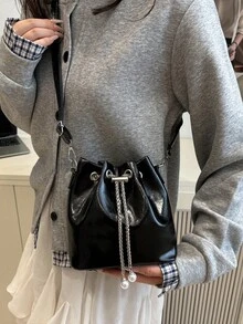 Mini Solid Color Rhinestone Fashion Evening Bag, Glittering Sequin Drawstring Bucket Bag With Metal Chain, Suitable For Party & Outdoor, Women - Black - View 4