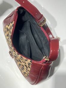 时尚女士手提包，百搭复古新月包，秋冬新款拼色豹纹单肩/腋下包，Y2K包，时尚包包 - 酒紅色 - 查看 2