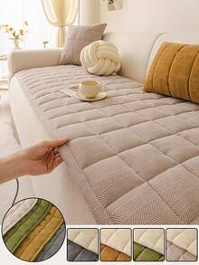 1pc Quilted Plush Sofa Cover, Solid Color Nordic Style Sofa Pad, Thick 3D Design Fluffy Sofa Slipcover For Winter, Anti-Slip Anti-Scratch Sofa Protector For Living Room Bedroom Study, Fits 1/2/3/4 Seater Sofa With Armrest & Backrest