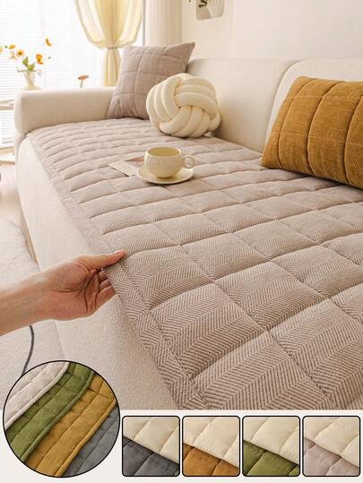 1 st quiltat plyschsofföverdrag, enfärgat soffunderlägg i nordisk stil, tjockt fluffigt sofföverdrag i 3D-design för vintern, halkfritt och repfritt soffskydd för vardagsrum, sovrum, arbetsrum, passar 1/2/3/4-sitssoffa med armstöd och ryggstöd