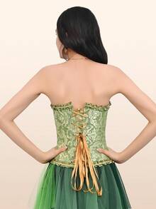 Lacing Corset For Women Lace Boned Overbust Body Shaper Bustier Sexy Satin Black White Brocade Lingeries Shapewear Top Plus Size S-6XL Green - 綠色 - 查看 5