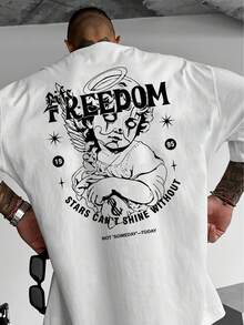 Camiseta de Estilo Callejero Moderno para Hombre Free Angel - Impresión Audaz 'Libertad' y 'Sin Ti No Puedo Brillar', Cuello Redondo Cómodo, Top de Manga Corta de Ajuste Regular, Ropa Casual de Primavera Verano, Diseño de Ángel, Impresión Duradera, Ajuste Holgado - Blanco - Ver 1