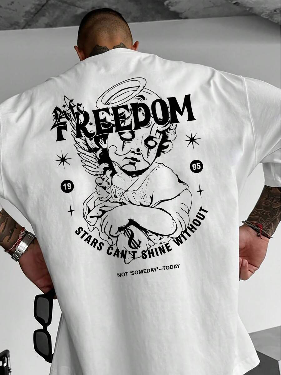 Camiseta de Estilo Callejero Moderno para Hombre Free Angel - Impresión Audaz 'Libertad' y 'Sin Ti No Puedo Brillar', Cuello Redondo Cómodo, Top de Manga Corta de Ajuste Regular, Ropa Casual de Primavera Verano, Diseño de Ángel, Impresión Duradera, Ajuste Holgado - Blanco - Ver 1