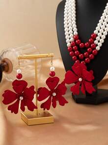 3 件套女士首饰套装，红花三层珍珠项链和耳环套装，波西米亚复古优雅时尚配饰，适合送礼、派对、宴会和日常佩戴 - 紅色 - 查看 2