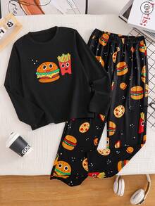 Set de 2 piezas Pijama de niño pequeño con estampado de hamburguesa feliz y papas fritas, con parte superior de cuello redondo de manga larga y pantalones casuales estampados, hecho de tela suave, adecuado para uso diario en primavera, otoño e invierno, también es un regalo infantil pensativo. - Negro - Ver 1