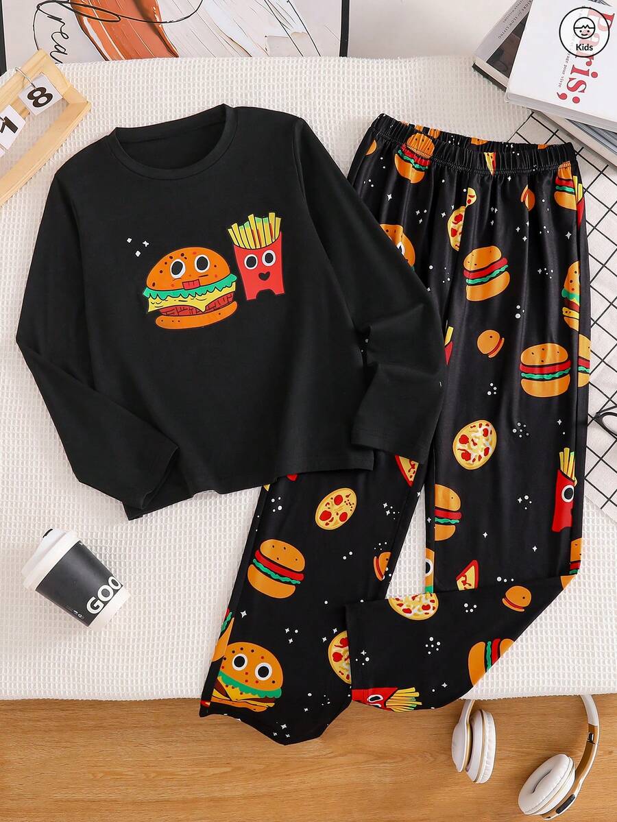 Set de 2 piezas Pijama de niño pequeño con estampado de hamburguesa feliz y papas fritas, con parte superior de cuello redondo de manga larga y pantalones casuales estampados, hecho de tela suave, adecuado para uso diario en primavera, otoño e invierno, también es un regalo infantil pensativo. - Negro - Ver 1