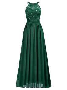 MIUSOL Elegant Women's Sequin Floral Lace Halter Neck Sleeveless Ruched Chiffon Maxi Dress, Perfect For Formal Wedding Guest, Cocktail Party, Bridesmaid, Prom - 墨綠色 - 查看 7