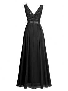 MIUSOL Elegant Women's Sequin Floral Lace Sweetheart Neck Maxi Dress, Sleeveless With Applique Shoulder, Ruched Chiffon Split Thigh Hem, Perfect For Formal Evening Party, Wedding Guest, Birthday - 黑色 - 查看 8