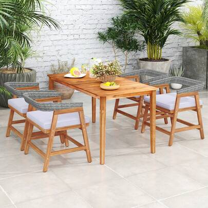 5PCS Patio Dining Set Solid Wood Furniture W/ Rattan Backrest & Seat Cushions