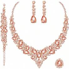 In Stock Immediate Dispatch CSY 4 Pcs/Set Austrian Necklace Earrings Bracelet Ring Bridal Jewelry Sets Brides Wedding Party Costume Accessories Gifts Women Valentine's Day CIRY - 02-玫瑰金-桃色 - 查看 9