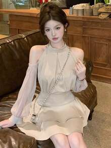 2 件套女士纯色无袖层叠荷叶边下摆宽松休闲露背上衣和裙子，春夏 - 杏色 - 查看 4