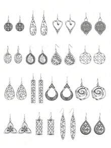 16 对波西米亚复古镂空心形耳环套装，时尚精致百搭高端设计，适合女性日常佩戴 - 復古銀色 - 查看 3