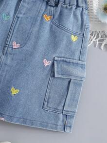 女童不对称爱心刺绣水洗牛仔工装裙 - 藍色 - 查看 11