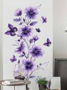 1pc Purple Floral Butterfly Wall Sticker; Removable Floral Decoration; Peel And Stick; Suitable For Living Room, Bedroom, Door, Hallway, Sofa, TV Background Wall. Wall Decor Room Decor Stickers Home Decor