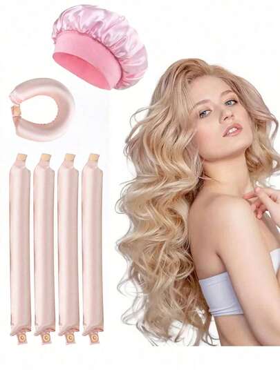 4支装柔粉色免加热卷发棒，慵懒卷发器，丝绸卷发器，弹性发带，长发柔软卷发工具，手动造型配件，睡眠卷发器，适合女性在情人节和七夕节使用，卷发器，卷发梳，卷发器，卷发产品，理发师，卷发器，卷发器，卷发产品，卷发棒