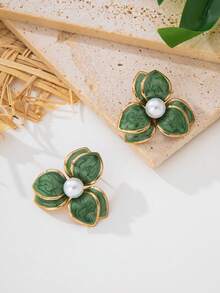 1 Pair Elegant Handmade Green Double-Layer Flower Stud Earrings With Pearls Inlay For Women - Green - View 4