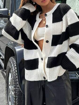 Women's Loose Fit Ribbed Striped Button-Up Cardigan Sweater, Long Sleeve Knit Top, Warm For Spring, Autumn, Winter