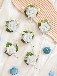 6/1件装白色玫瑰胸花，配满天星，男士婚礼、新郎及伴郎胸花，逼真仿真丝花别针，完美适用于婚礼、舞会、周年纪念、返校节、秋季复古乡村婚礼等场合。 - 白色 - 查看 4