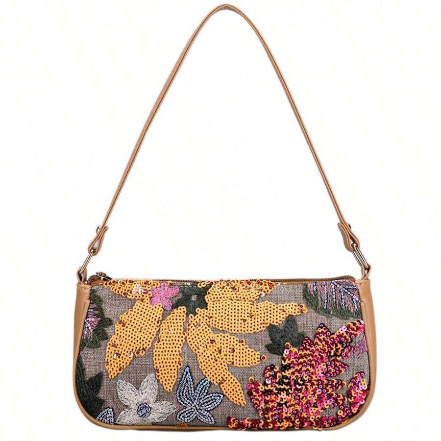 SLANGO Sparkling Floral Embroidered Crossbody Bag - Women's PU & Sequin Underarm Shoulder Purse, Fashion Bohemian Flower Handbag - trái cam - Xem 1