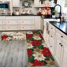 1/2pcs Christmas Floor Mat, Classic White Red Floral And Green Foliage Pattern Kitchen Floor Mat, Christmas Atmosphere Decoration, Kitchen Floor Mat, Room Decoration, Perfect For Dining Room, Hallway, Bathroom, Bedroom And Doorway - Multicolor - View 7
