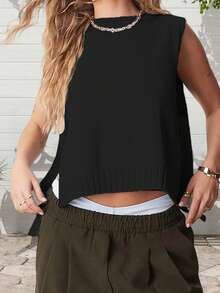 Women's Knit Tank Tops Sleeveless Crew Neck Solid Color Side Tie-Up Loose Fit Vest For Summer Spring Fall - 黑色 - 查看 6