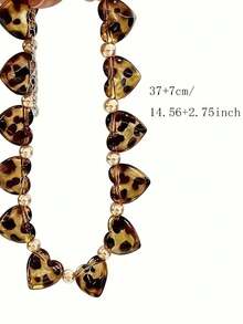 1 件复古豹纹心形珍珠串珠项链 - 小巧时尚高端设计，奢华质感 - 心形锁骨链 - 彩色 - 查看 2