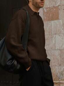 Men's Ribbed Polo Neck Sweater, Casual Loose Fit Pullover Knitted Top, Suitable For Autumn And Winter - màu nâu - Xem 3