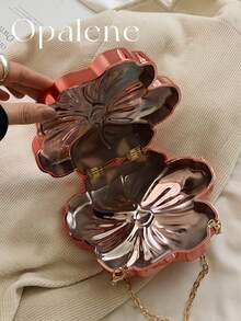 Women's Elegant Mini Flower Shaped Chain Crossbody Bag, Metallic Y2K Style Theme Party Shoulder Bag, Fashionable Novelty Shaped Bags, Versatile Small Mobile Phone Key Coin Purse, Portable Outdoor Travel Vacation Cosmetic Bags, Wear-Resistant Solid-Color Clutch Bag - 紅色 - 查看 6