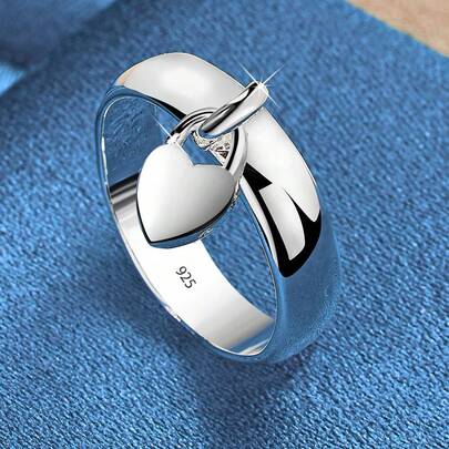 1pc Simply & Classic Style, 925 Sterling Silvery Plated Ring With Heart Pendant Design For Ladies, Fashion Creative Accessory For Daily Wear & Vacation, Idea Gift