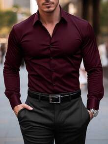 Men's Fashion Casual Business Commuter Mandarin Collar Solid Color Button Down Long Sleeve Shirt, Men's Formal Slim Fit Shirt, Men's Solid Color Shirt. Suitable For Daily Wear, Work Commute, Going Out, Parties, Can Be Paired With Suit Pants Or Suits For Gatherings, Weddings, And Honeymoons. Can Be Given As A Gift To Sons, Husbands, Boyfriends, And Fathers. - 酒紅色 - 查看 1
