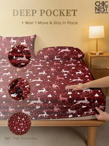 1Pc Wine Red Elk Pattern Fitted Sheet,Mattress Protector, Valentine's Day Mattress Cover For Bed, Bed Sheet, Soft And Breathable, For All Size Bed -Twin, Full, King, Queen Size Sheet Deep Pocket Up To 11.8 Inch,Christmas Atmosphere - Burgundy - View 4