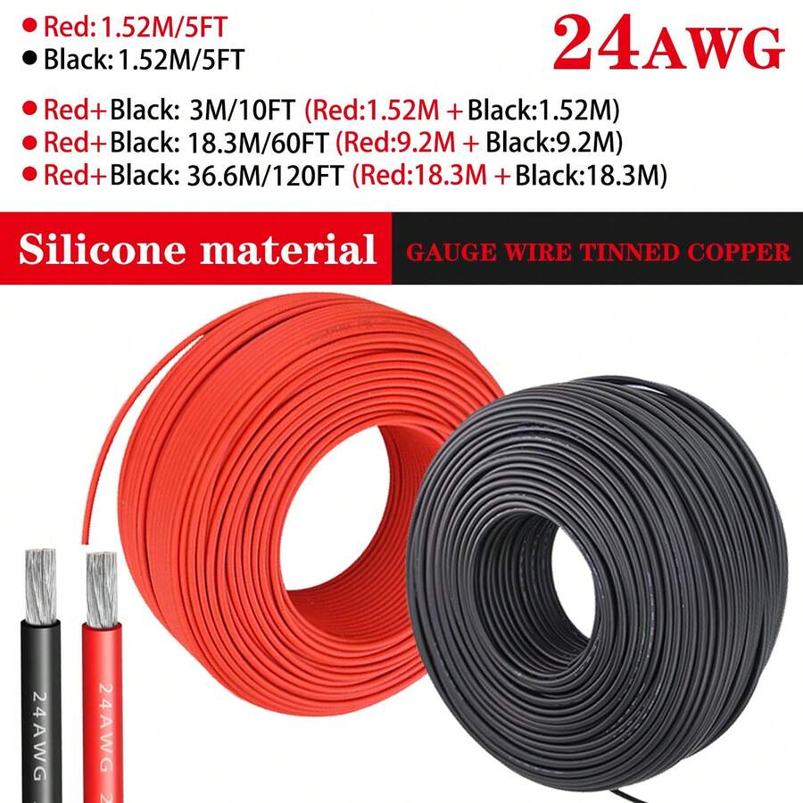 24 AWG 1 And 2pcs -Duty Silicone Wire Hook Up Cables -High-Temperature Resistant, Tinned Copper, Black And Red Perfect For DIY Applications Low Voltage Cord In Wall Audio Speaker Wire Cable Speaker Wire Cable Stereo, Car Or Home Theater