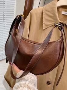 Túi da nữ, Túi đeo vai bằng da PU màu trơn, Dây đeo có thể điều chỉnh để đi làm hàng ngày - Cà phê nâu - Xem 4