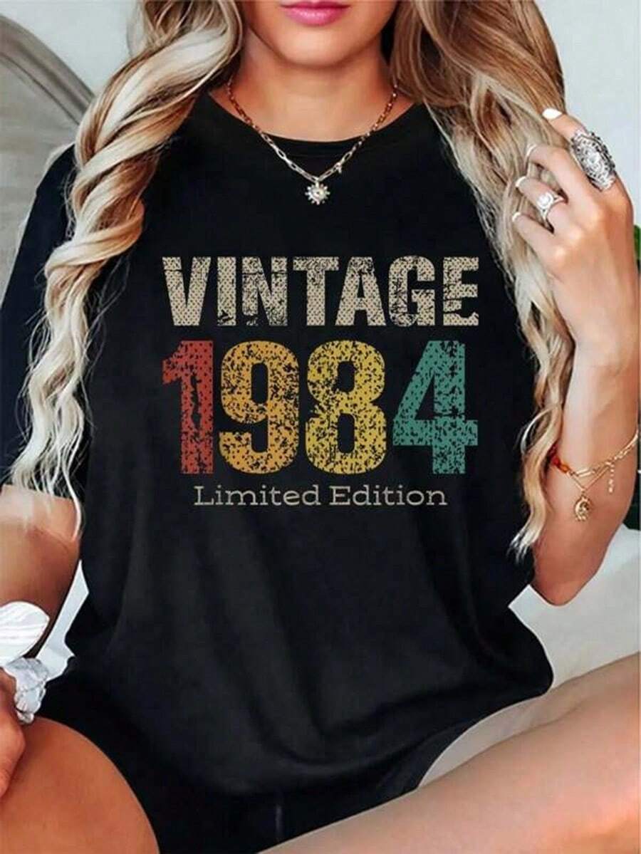 [Free Shipping] New Fall Outfit For Women Clothes Women Vintage 1984 Limited Edition 41st Birthday Gifts 41 Year Old T-Shirt Casual Short Sleeve Shirt  Graphic Tees Cute Summer Women   Women Graphic Tees Street Life Cotton Christmas And Winter Fgift Printed & Shipped In USA - 黑色 - 查看 1