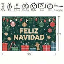 1 Spanish Christmas Banner Background Cloth, Large Party Decoration, With Gifts, Candy Canes, And Snowflake Patterns, Dark Green Background Design, Suitable For Home, Office, And School, Christmas Party Supplies, Spanish Style Merry Christmas Banner, Festival Decorations, Indoor And Outdoor Decoration.