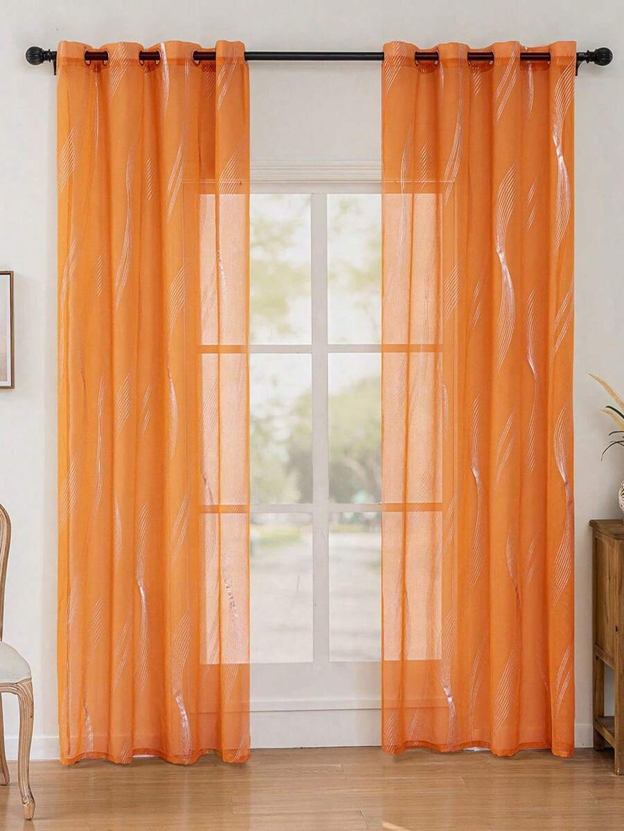 2 piezas Cortinas transparentes con diseño de borlas plateadas modernas, con anillos metálicos en la parte superior, lavables a máquina, cortinas decorativas de poliéster adecuadas para la sala de estar, para todas las estaciones, sin cordón, tejidas, 120-140g - Cortinas de estilo de lujo - Naranja Quemada - Ver 1